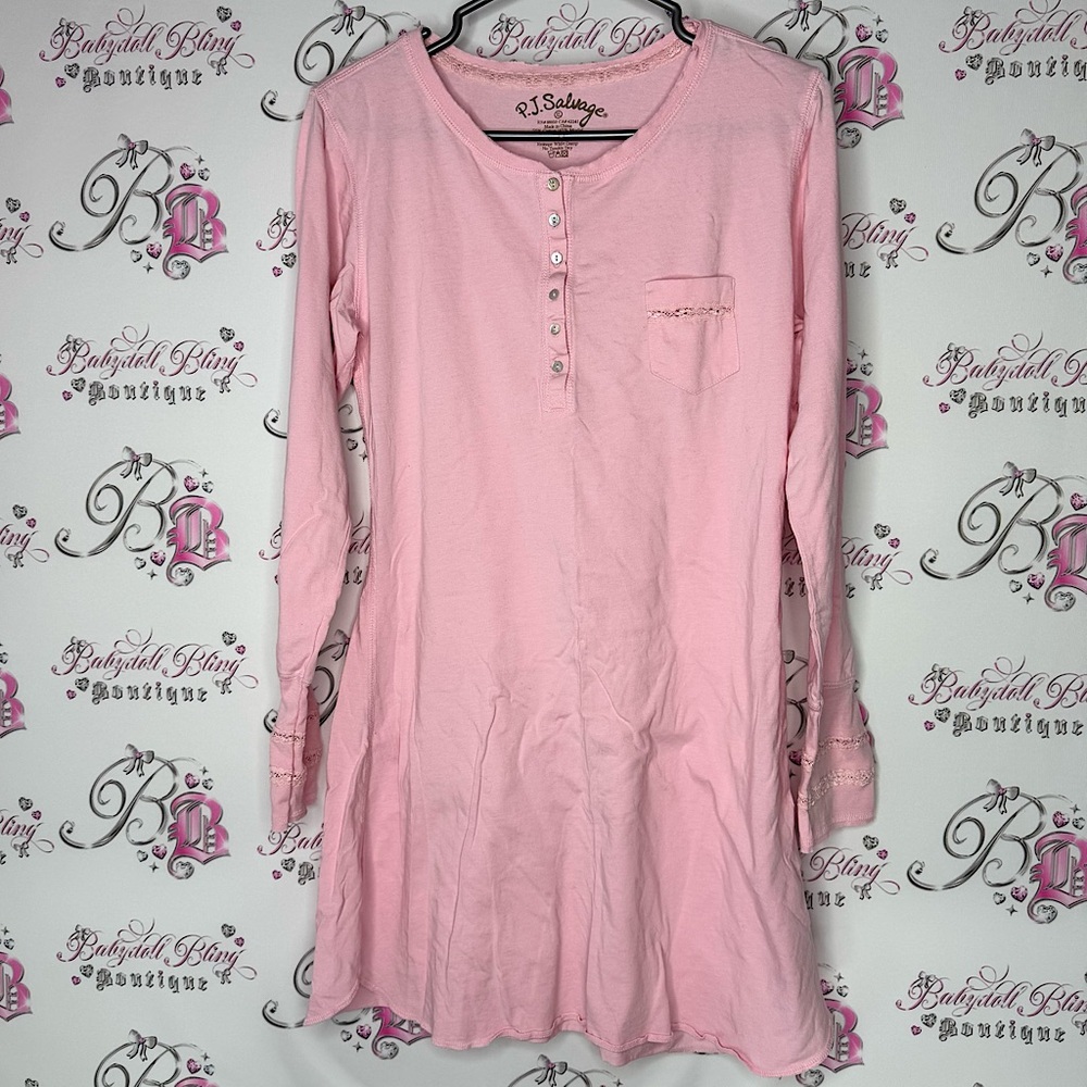 PJ Salvage Pink Long Sleeve dress nighty gown sleep pajamas pjs lace detail